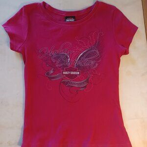 Harley Davidson Womens M Red T-Shirt Front Back Graphics KC Missouri Motorcycles